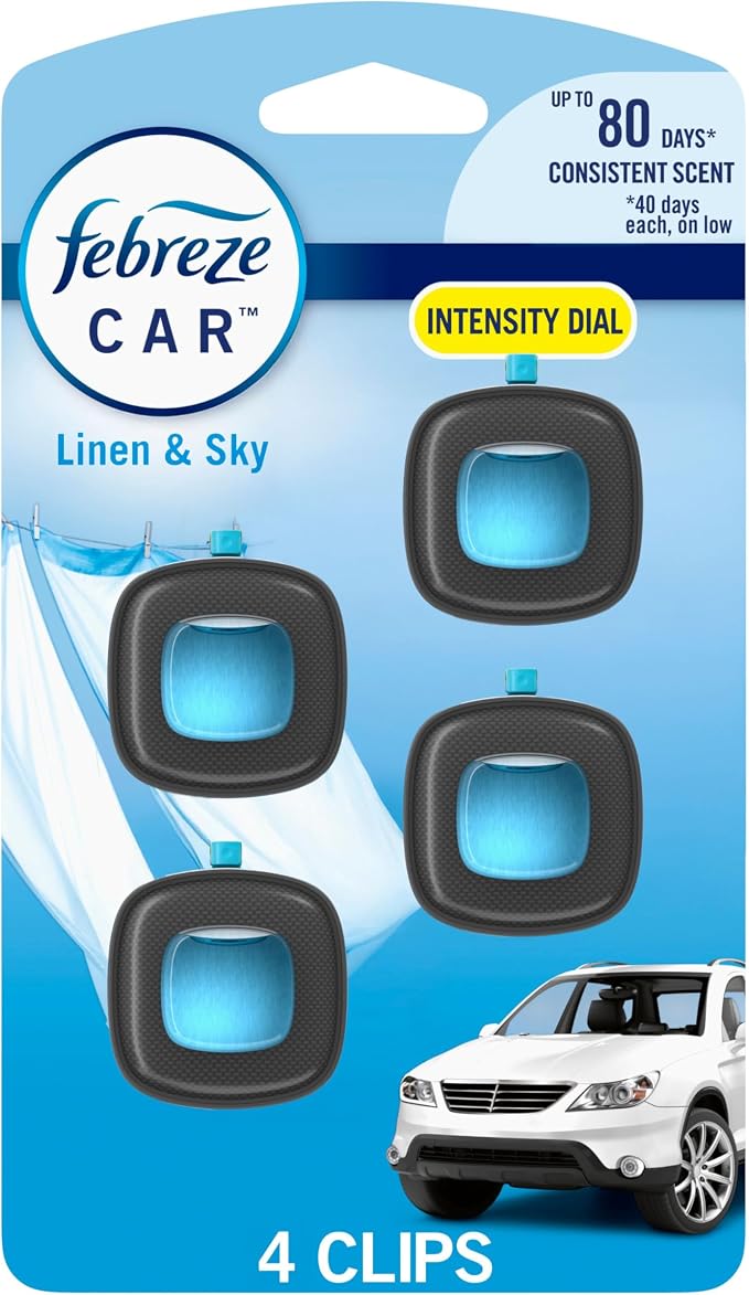 Febreze Car Air Freshener, Odor-Fighting Automotive Vent Clip, Scented Car Accessories, Long Lasting for Strong Odors, Linen & Sky Scent, 4 Count