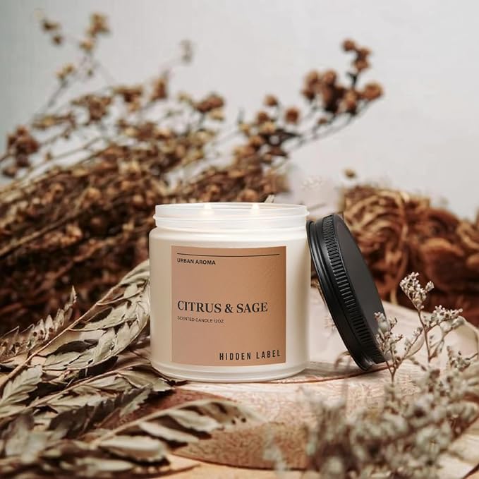 Hidden Label Citrus Sage Soy Candle, 12oz 2-Wick, 70H Focus & Calm | Non-Toxic Natural Wax, Paraben & Phthalate-Free, Clean Burn | Elegant Decor & Gift-Ready | Productivity & Stress Relief