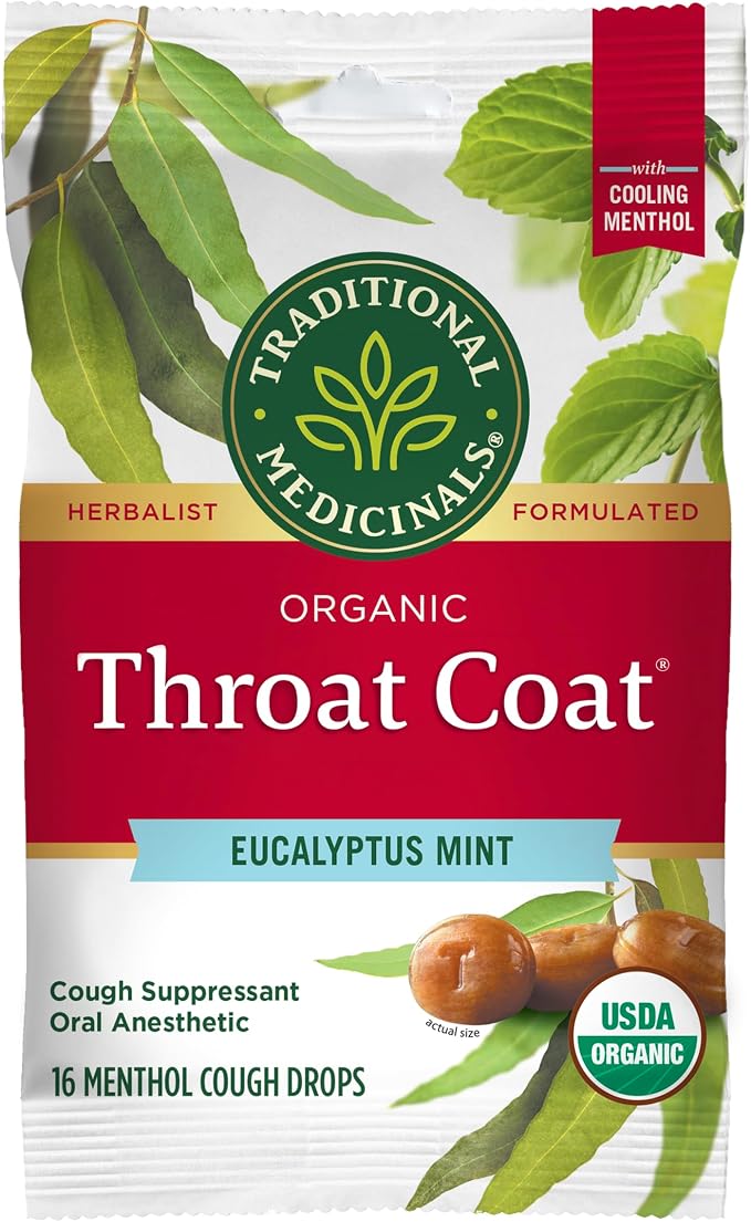Traditional Medicinals Organic, Throat Coat Lozenges, Eucalyptus Mint with Menthol - Herbal Cough Drops, Helps Soothe Sore Throat & Relieve Cough - Non-GMO, Stimulant-Free - 16 Count