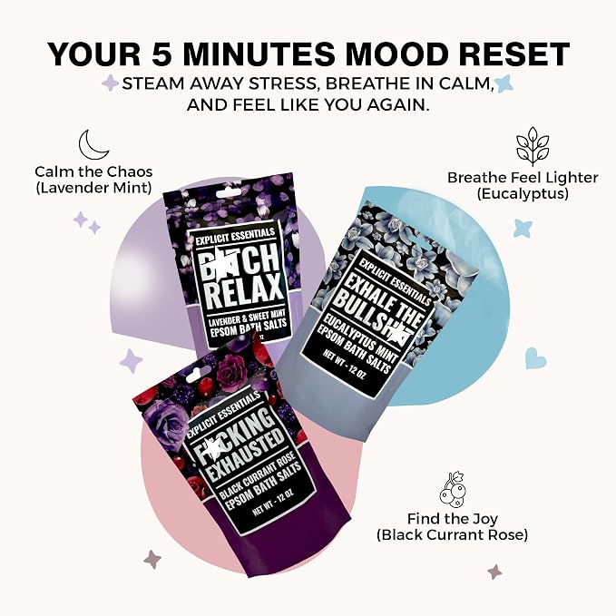 Explicit Essentials Bath Salts Gift Set | 3 Relaxing Epsom Salt Bath Soaks | Aromatherapy Epsom Salt Variety Pack for Stress Relief, Muscle Recovery & Self-Care Gifts