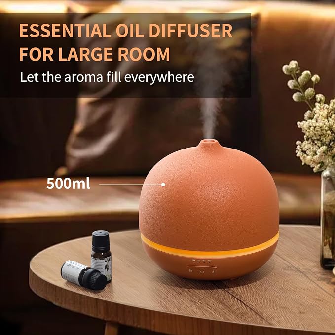 Stone Diffusers for Essential Oils Large Room,500ml Handmade Ceramic Diffuser with 4 Timer & 10 Ambient Light Settings for Home Office (Terracotta)