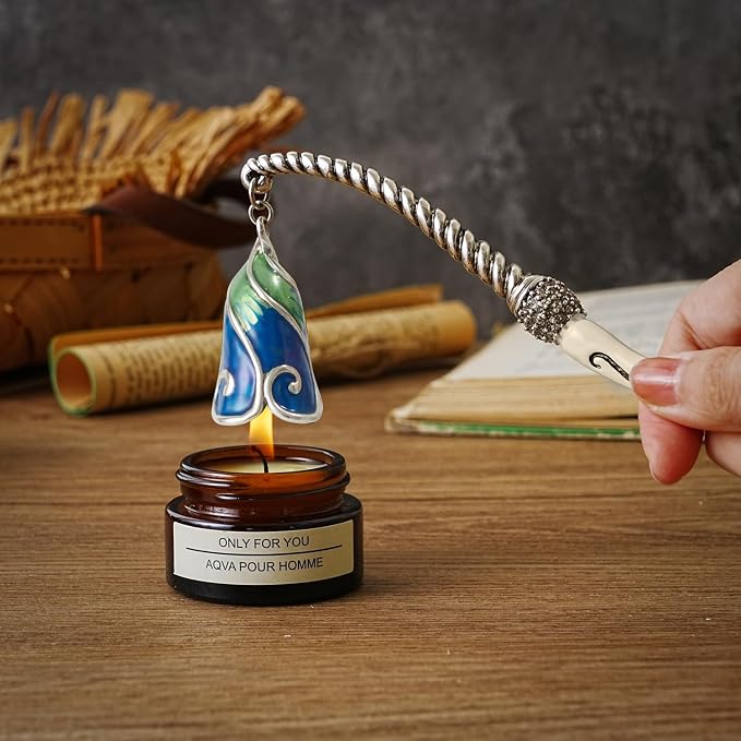 Candle Snuffer Extinguisher with Diamond Decoration Long Handle, Alloy Wick Flame Candle Put Out Tool Safely, Gift for Candle Lovers (Blue White)