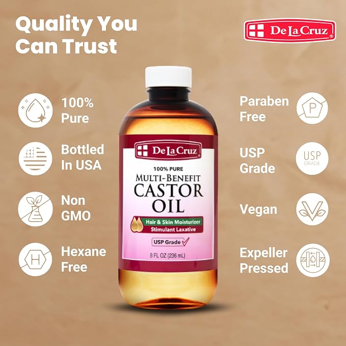 De La Cruz Castor Oil - 100% Pure Castor Oil for Hair, Skin, Eyelashes, and Eyebrows - USP Grade, 8 FL Oz