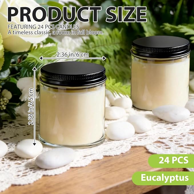 24 PCS 4oz Eucalyptus Scented White Soy Wax Candles | Calming Home Fragrance Gift Set | Bulk Warm Cozy Favors for Weddings, Housewarmings, Holiday Parties
