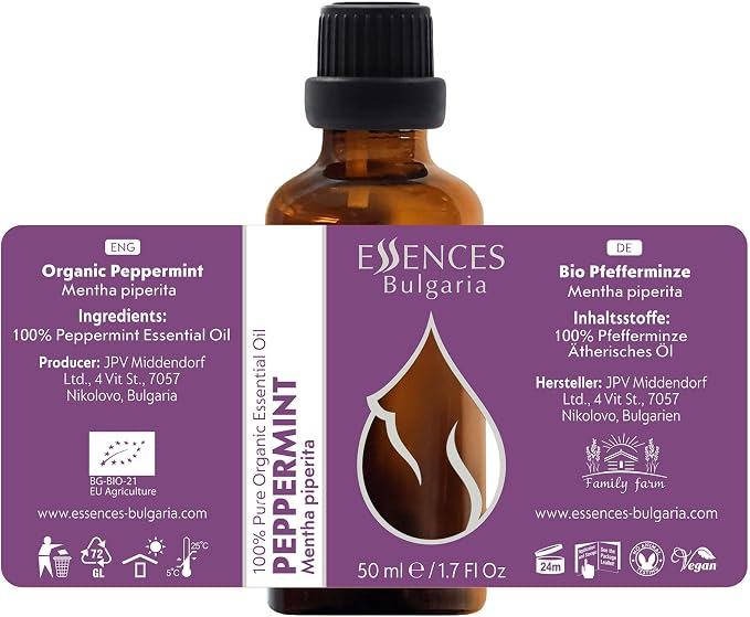 Essences Bulgaria Organic Peppermint Essential Oil 1,7 Fl Oz | 50ml | Mentha piperita | 100% Pure and Natural | Undiluted | Therapeutic Grade | Family Owned Farm | Steam-Distilled | Non-GMO | Vegan