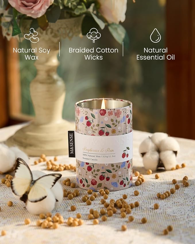 M&SENSE Spring Candle 11.3 oz, Raspberries Rain Scented Candle, Non-Toxin Soy Wax for Home Scented, Floral Candles Gift for Her, Up to 70 Hours Burning Long-Lasting Fragrance