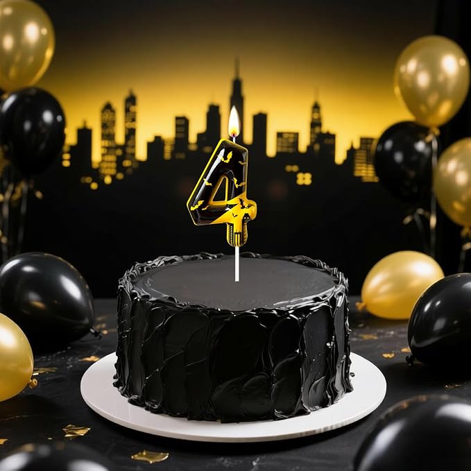 Black Yellow Number 4 Birthday Candle for Cake – Dark Night Hero Style with Bat & City Silhouette Design – Unique Cake Topper for Birthday, Anniversary, Themed Party Decoration
