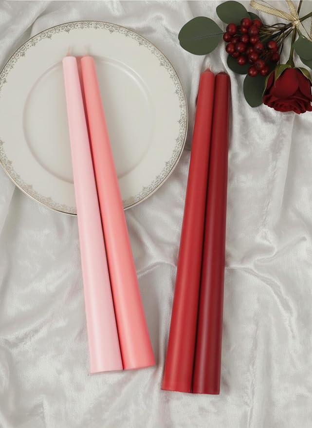 10" Classic Taper Candles, Red & Pink Shades, 4-Pack, 7-8 Hours Long Burning, Unscented Tall Candlesticks