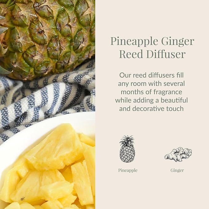 Archipelago Botanicals Pineapple Ginger Reed Diffuser, Home Fragrance Reed Diffuser, Includes Fragrance Oil, Decorative Wooden Cap & 10 Diffuser Reeds, Perfect for Home, Office or Gift, 7.85 fl oz