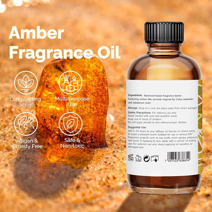 GM Gumili Amber Fragrance Oil 2 Oz, Natural Scent Oil for Home Essential Oils Diffuser, Candle Making, Soap Making, DIY Body Oils, Perfume, Body Mist, Spray - Warm Aroma