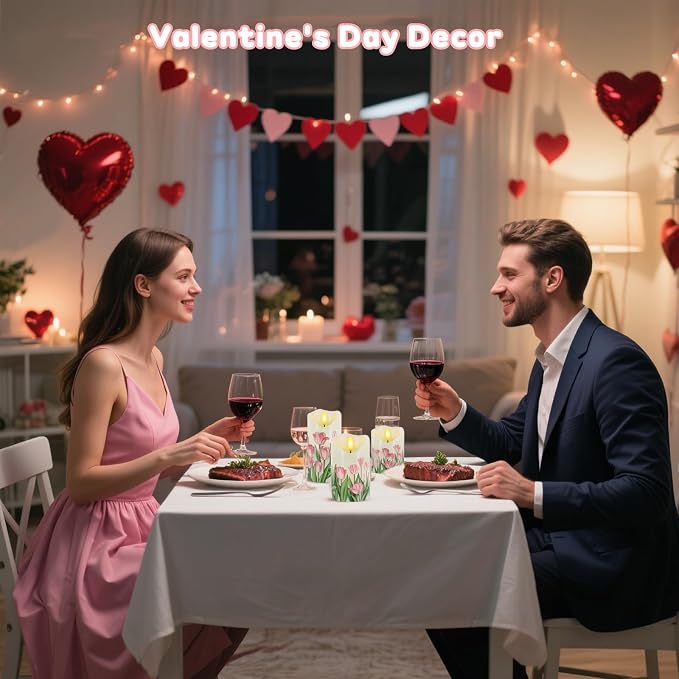 VEEKI Flameless Candles Light, Set of 3 Flickering Tulip Pillar Candles with Remote & Timer, Dimmable Real Wax Electric LED Candles Battery Operated, Mother's Day Birthday Gift for Mom Grandma Women