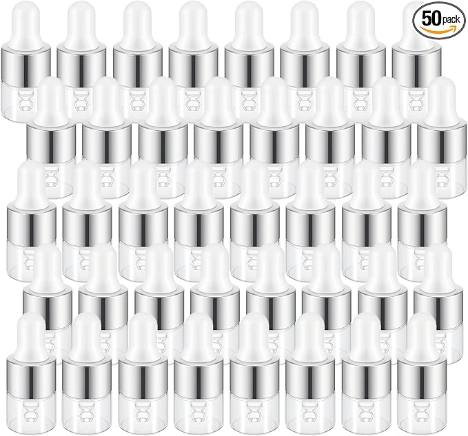 Sample Dropper Bottles, Mini Dropper Bottles with 2 Pcs Plastic Droppers for Traveling Essential Oils DIY Cosmetic Liquid Sample Perfume (Silver, 1ML)