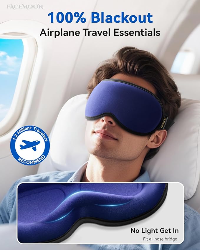 Weighted Blackout Sleep Mask, 3D Contoured Zero Eye Pressure, Lash-Friendly Deep Eye Cups, Adjustable Slide Buckle Strap, Spring Break & Beach Vacation Essential, Summer Travel Sleep Mask (Navy Blue)