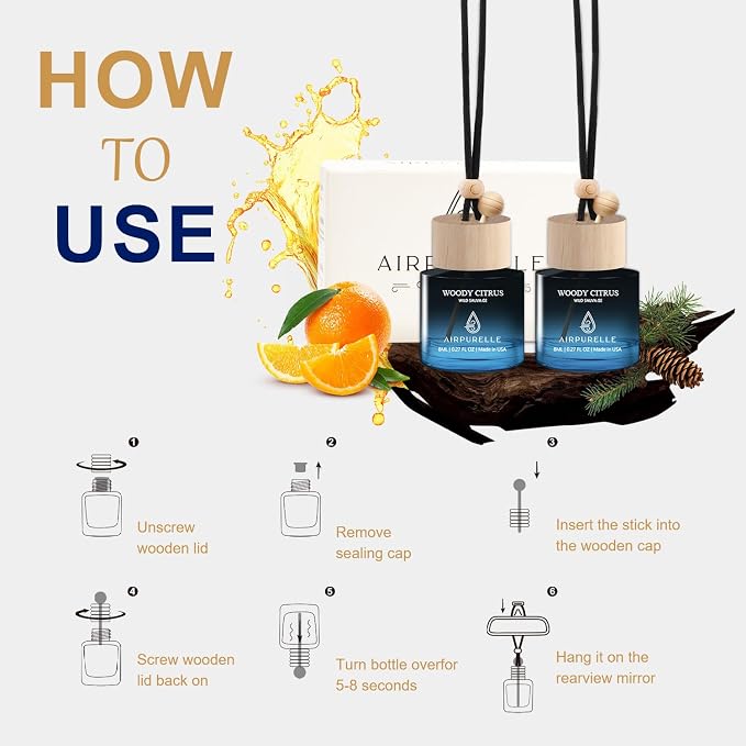 Car Air Fresheners (Woody Citrus) 2 Pack - Air Fresheners for Car Made in USA, Hanging Car Air Freshner with Anti-Leak Stick, Car Freshners Long Lasting (0.27 FL OZ x2)