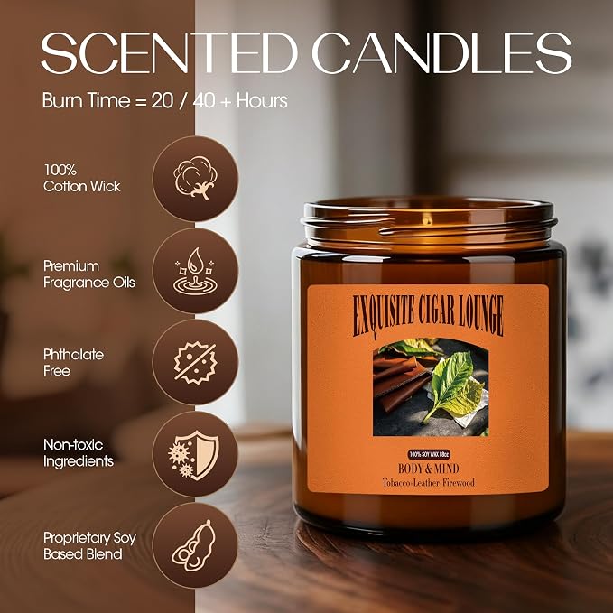 Scented Candles, Tobacco Leather Scented for Men, 8 oz Natural Soy Wax Masculine Scents Candle for Home, Birthdays Gifts for Men, Father, Friends
