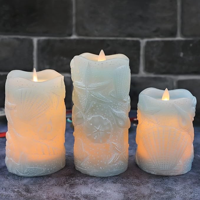 Ocean Flameless Candles Remote Carved Seashell Real Wax Flicker Battery Operated Candles for Home Party Wedding Nautical Thanksgiving Christmas Easter Decor - Set of 3(Blue)