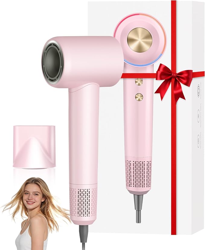 Ionic Hair Dryer, 150,000 RPM High-Speed Professional Blow Dryer for Fast Drying, 500M Negative Ions & Thermo-Control, Magnetic Nozzle, Low Noise & Lightweight for Home and Travel, Pink
