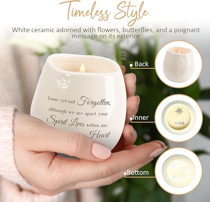 Pavilion - 8 Oz Candle Holder - White Ceramic Candle Jar with 100% Soy Wax Candle Tranquility Scent Gone Yet Not Forgotten Ideal Remembrance Gift for Love One Who Passed - Printed Text & Love Theme