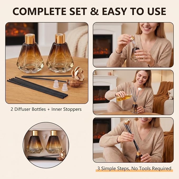 2Pcs 60ml/2oz Diffuser Bottles Empty Refillable Glass Diffusers Jars Aromatherapy Container Fragrance Accessories Use for DIY Replacement Diffuser Sticks Home Bathroom Decor