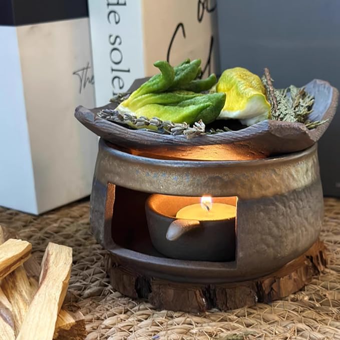 Incense Burner & Candle Warmer | Ceramic Aromatherapy Diffuser Includes Wooden Clips and Pads for Wax Melts, Dried Herbs and Palo Santo | Bedtime Calm