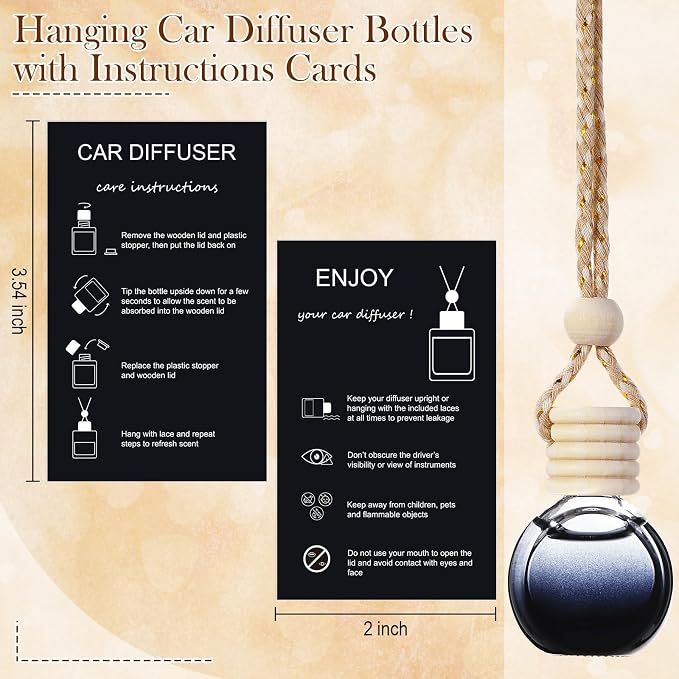Boao 50 Sets Hanging Car Air Freshener Diffuser Bottles with 2 x 3.54 Inch Car Diffuser Instructions Cards for Empty Essential Oil Bottles(Black Card,Black Round)