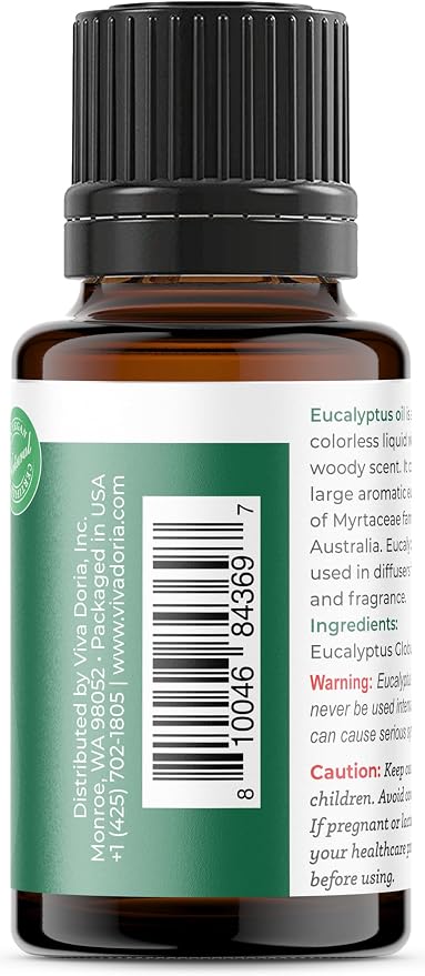 Viva Doria Eucalyptus Essential Oil, 100% Pure, Natural, Essential Globulus Oil, Undiluted, for Aromatherapy | Food Grade, 15 mL (0.5 Fluid Ounce)