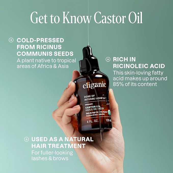 Cliganic Organic Castor Oil, 100% Pure (4 oz Glass Bottle with Eyelash Kit) - For Eyelashes, Eyebrows, Hair & Skin