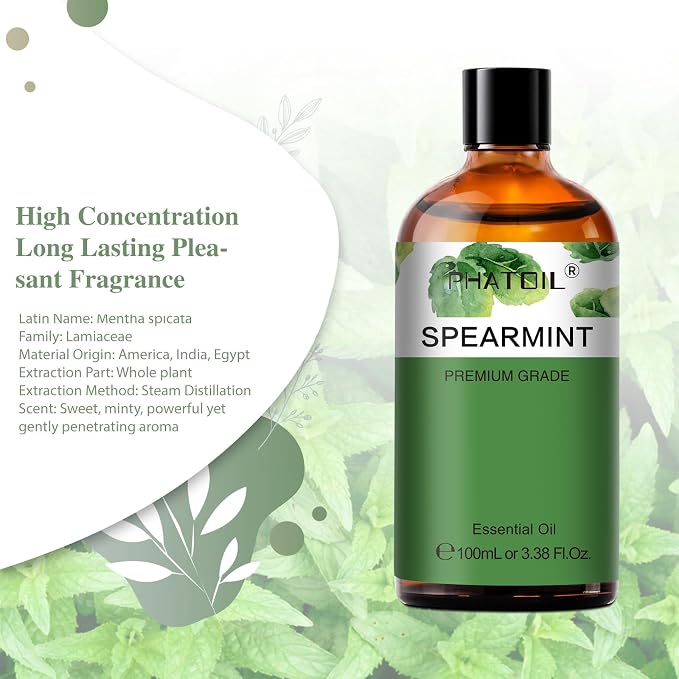 Spearmint 3.38fl.oz Essential Oil, PHATOIL Pure Aromatherapy Oils for Diffuser, Humidifier, Perfect for DIY Soap, Candle, Bath Bombs Making(100ml)