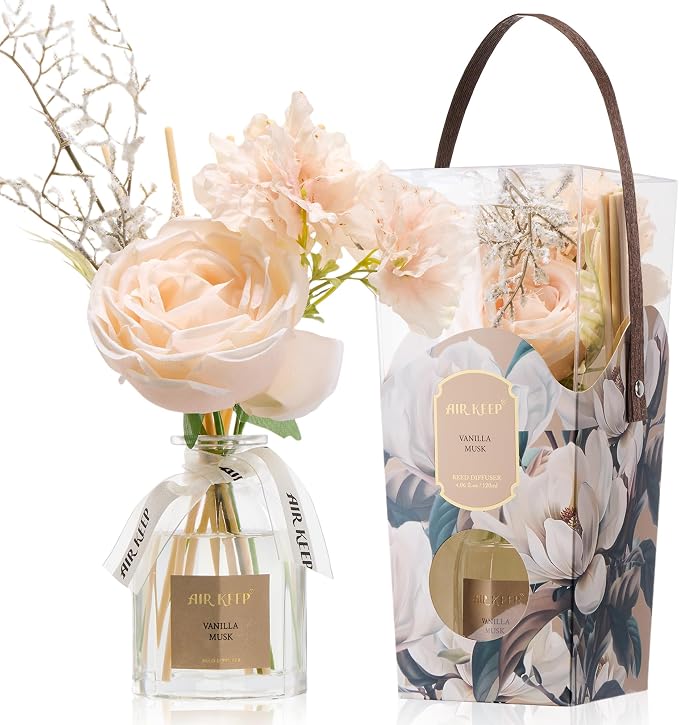 Airkeep Flower Reed Diffuser Set, Vanilla Musk Diffuser Gift Set,4.06 fl oz Essential Oil Sticks Diffusers for Bathroom Air Freshener, Aromatherapy Home Fragrance for Shelf Decor, Gift for Women Mom