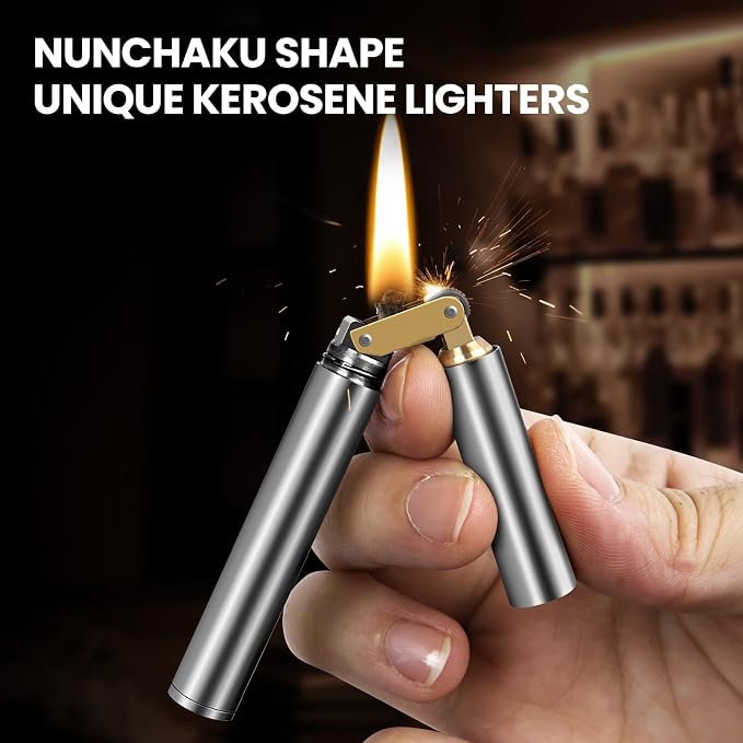 CHOICEDC Vintage Lighter, Cool Trench Lighter, Unique Kerosene Lighters Fluid Refillable, Novelty Nunchuck Slim Lighters, Fancy Gifts for Men Dad Husband (Silver)