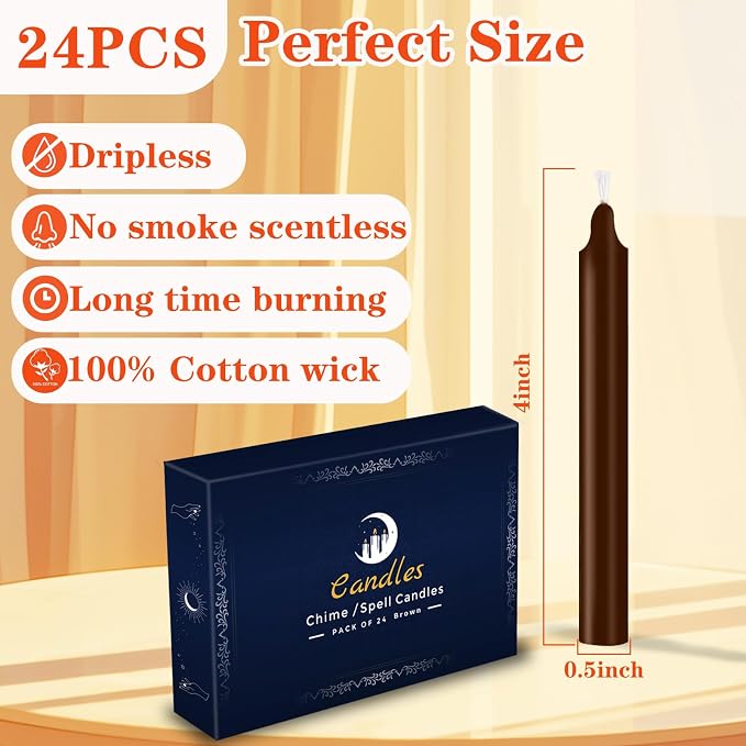 24 Pack Brown Spell Chime Candles – Premium Mini Unscented Taper Candles for Rituals, Prayer, Birthdays, Meditation, Altar, Spells, Chime Candles - 4 Inch Tall - Ideal for Witches