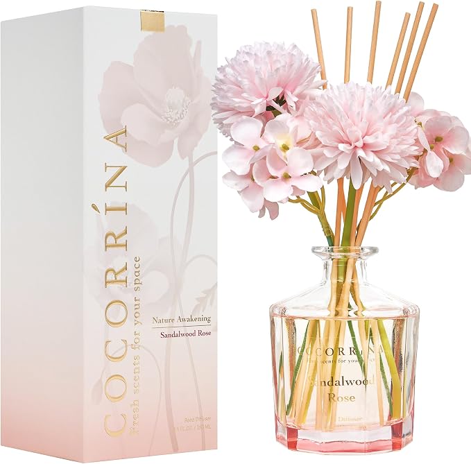 COCORRÍNA Reed Diffuser - Sandalwood Rose 8.5 Fl.oz Flower Reed Diffuser Set with 8 Sticks, Home Fragrance Reed Diffuser for Home Bedroom Office Bathroom Shelf Decor (Master Collection)