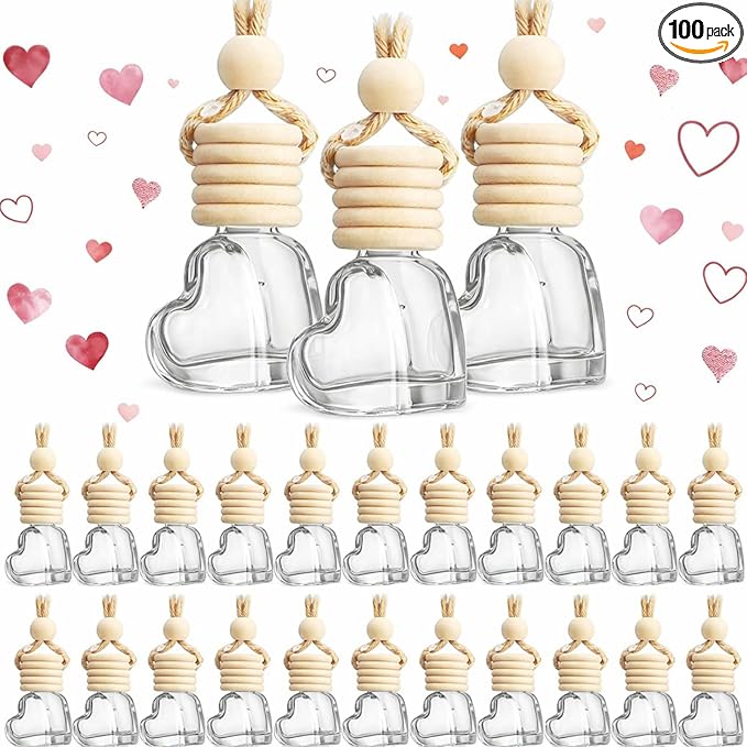 100 Pcs 6ml Hanging Car Diffuser Bottle Empty Glass Perfume Air Freshener Heart Love Container Diffuser Pendant Wedding Essential Oil Fragrance Aromatherapy Ornament (Clear)