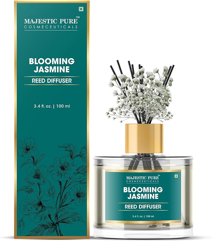 Majestic Pure Blooming Jasmine Reed Diffuser for Home, Bathroom & Office | Natural Aromatherapy Air Freshener & Room Fragrance, with Reed Sticks & Dried Flowers 3.4 fl oz