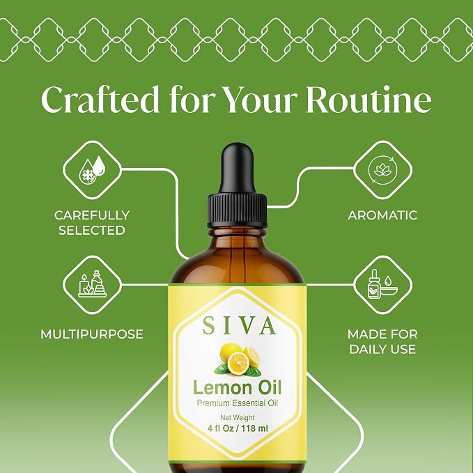 Siva Lemon Essential Oil - 4 Fl Oz – 100% Natural Lemon Oil - for Diffuser, Face, Skin Care, Aromatherapy, Hair Care, Scalp and Body Massage - with Dropper