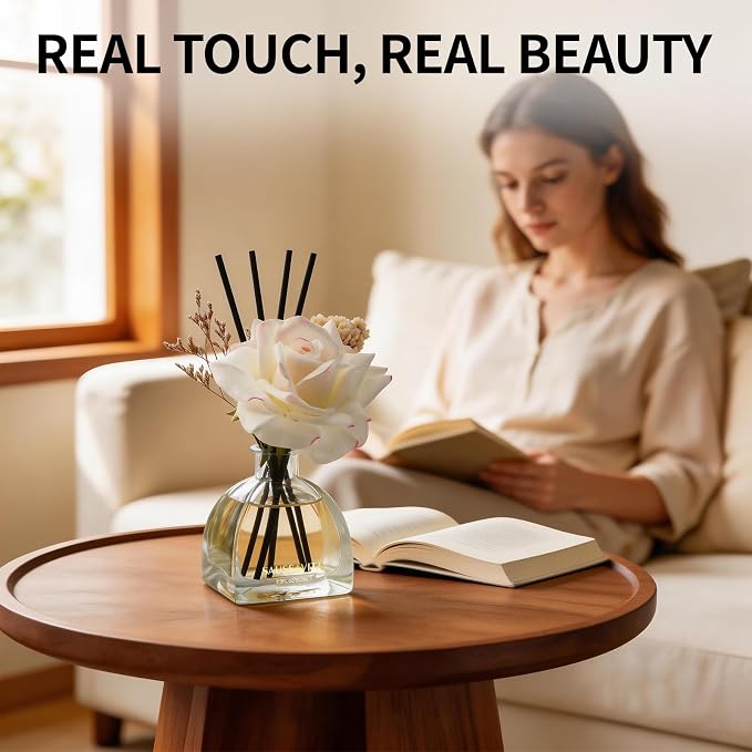 Reed Diffusers Set Jasmine&Lily Scented Diffuser for 140 Days, Flower Diffuser 8.5 fl oz with Dried Flowers and Decorative Rose, Long Lasting Home Fragrance Bathroom, Shelf, Office Decor