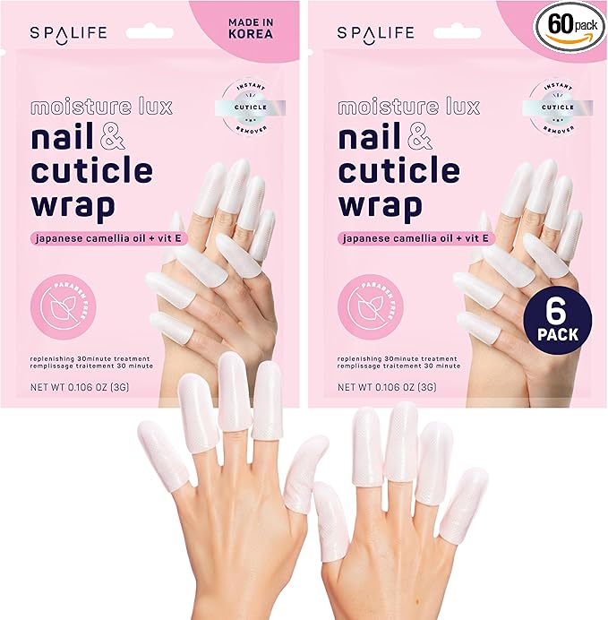 SpaLife Japanese Camellia Oil & Vitamin E Nail Cuticle Wrap 6-Pack (60 Count) - Moisturizing Masks, Dermatologist Recommended, Hydrating Cuticle Repair Mask for Brittle Nails, Spa Treatment