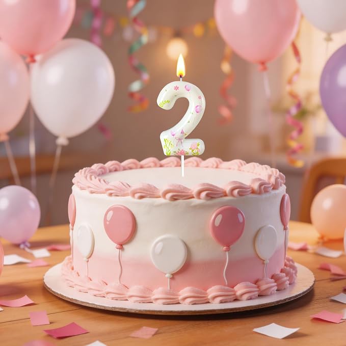 Number 2 Birthday Candle for Cake – Goose Inspired Design with Floral, Balloon & Leaf Details – Farm Theme Cake Topper for Birthday Party Decoration