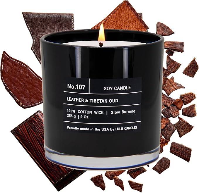 Lulu Candles | Leather & Tibetan Oud | Luxury Scented Soy Jar Candle | Hand Poured in The USA | Highly Scented & Long Lasting- 9 Oz.
