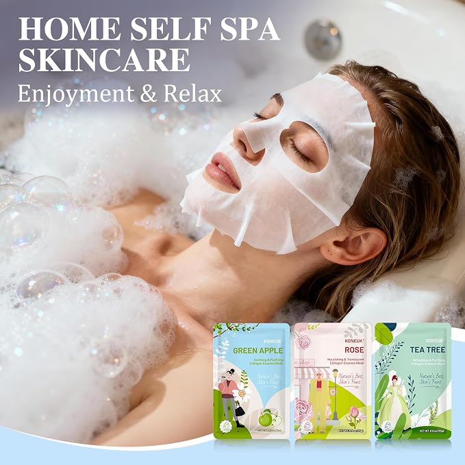 KONEUK 54 Pack Bulk Sheet Face Masks Skincare, Hydrating and Moisturizing Face Mask for All Skin Types, Collagen Facial Masks for Skin Care, Spa Birthday Party Supplies (9 Types x 6 Pcs)