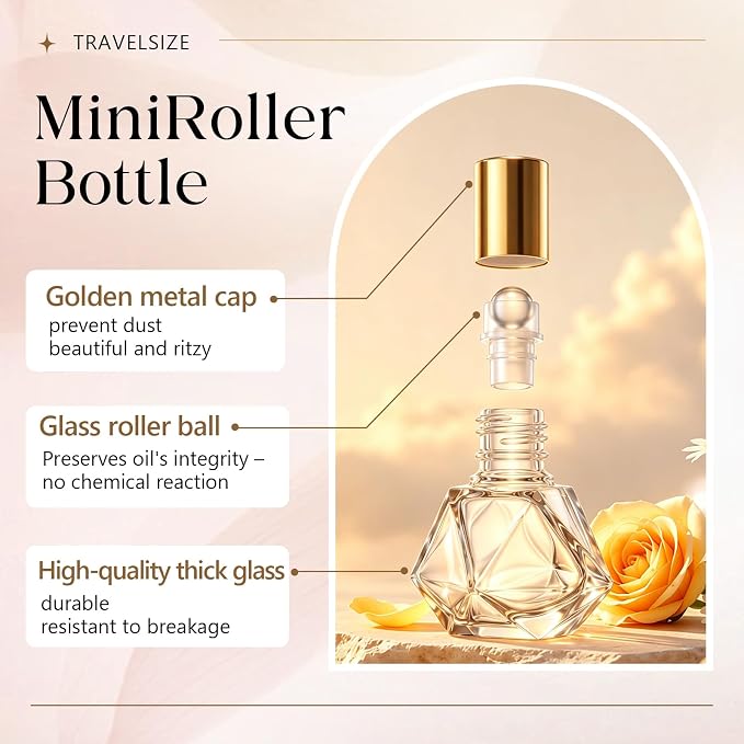 Domensi 80 Pack 8ml/0.27oz Shaped Essential Oil Roller Bottles, Mini Glass Roll on Bottle Applicator, Refillable Leak-proof Roller Bottles for DIY Blends, Samples, Travel with 40 Droppers & 40 Funnels