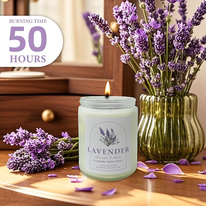 Lavender Amber Scented Candles with Crystals Inside, 9oz Soy Candles for Home Decor, Birthday Spiritual Gift Mothers Day Candle for Women Mom