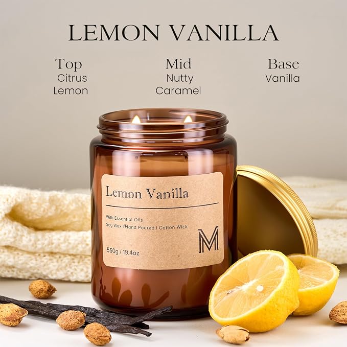 M&SENSE Lemon Vanilla Scented Large Candle, 19.4oz Aromatherapy Candle for Home Fragrance, Natural Organic Soy Wax Long-Lasting for Stress Relief, Yoga, Gifting for Birthday, Housewarming