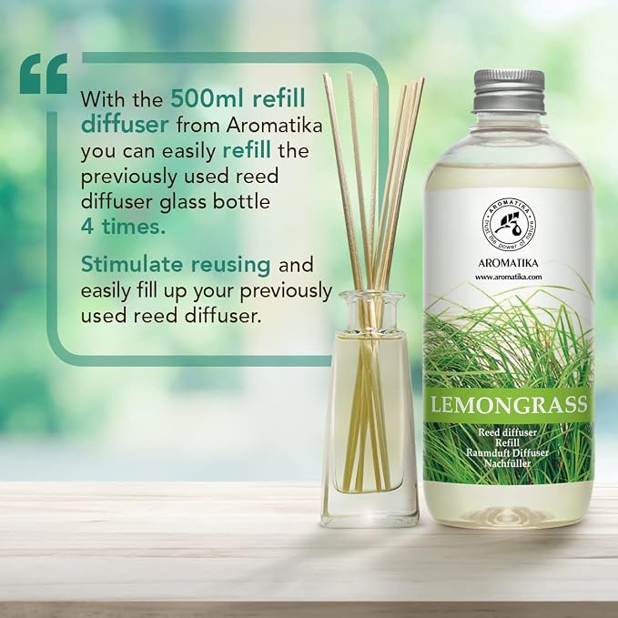 Reed Diffuser Refill Lemongrass 51 Fl Oz - Room Diffuser w/Essential Lemongrass Oil - Set 3x17Fl Oz - Home Fragrance - Aromatherapy Air Freshener Essential Lemongrass Oil Diffuser
