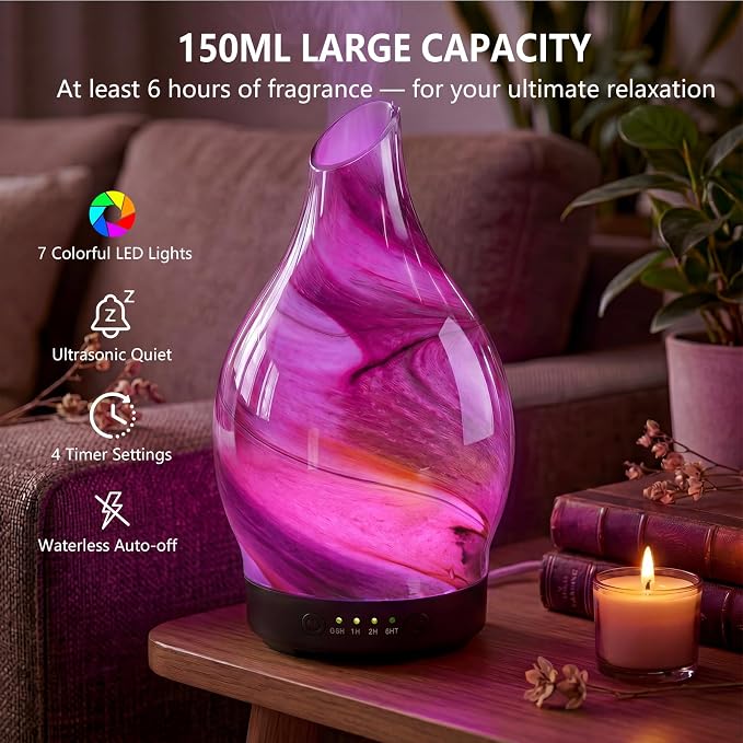 Aromatherapy Diffuser Essential Oil Diffuser - Glass Diffuser Ultrasonic Aroma Diffuser 150ml Scented Oil Diffuser with Auto-Off Protection & 7 Colors Night Light for Home Office Decor&Gift