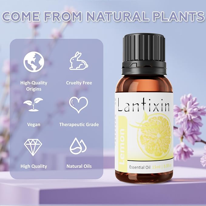 Lantixin 100% Pure Lemon Essential Oil – Natural Undiluted Scent for Diffuser – Bright & Purifying Home Fragrance for Ultrasonic Diffusers, Meditation & Crafting – 0.5 fl oz(Lemon)