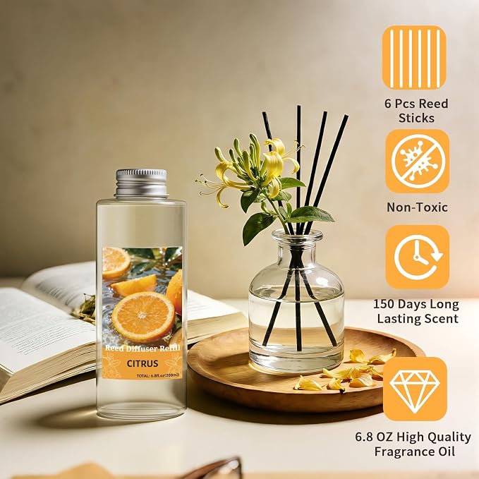 STRN Reed Diffuser Oil Refill, Citrus Scented Diffuser Oil Refills with 6 Reed Sticks 200ML(6.8fl.oz), Room Fresheners for Home, Long-Lasting Summer Fragrance for Living Room, Bedroom, Office
