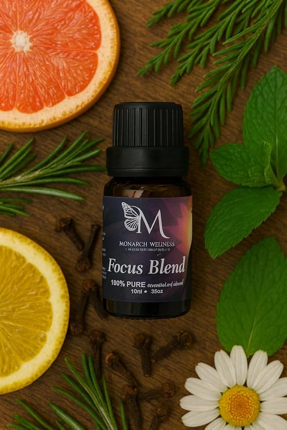 Monarch Wellness Focus Essential Oil Blend for Concentration & Clarity – Rosemary, Orange, Grapefruit, Spearmint, Clove, Bay Laurel & Fir Needle – Aromatherapy for Teachers & Classrooms (10ml)