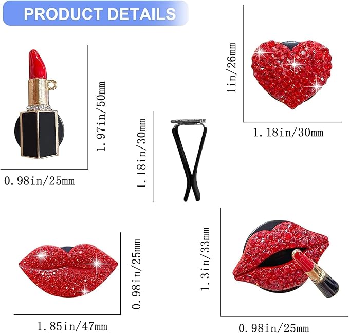 5 Pcs Bling Red Lips Air Vent Clips, Heart Shape Crystal Car Air Vent Clip Charms Car Air Fresheners for Women Rhinestone Diffuser Vent Clip Cute Car Decor Bling Cars Accessories,Interior Accessories