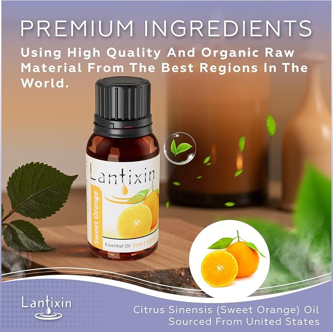 Lantixin 100% Pure Sweet Orange Essential Oil – Natural Undiluted Scent for Diffuser – Uplifting Home Fragrance for Ultrasonic Diffusers, Meditation & Crafting – 0.5 fl oz(Sweet Orange)